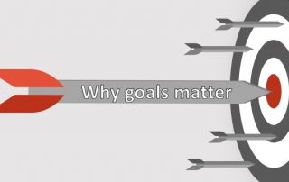 Image of several arrows pointing to a target that reads, why goals matter